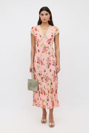 Clarice Chiffon Midi Dress in Kimmie Floral Pink | RIXO USA Clarice Chiffon Midi Dress in Kimmie Floral Pink | RIXO USA