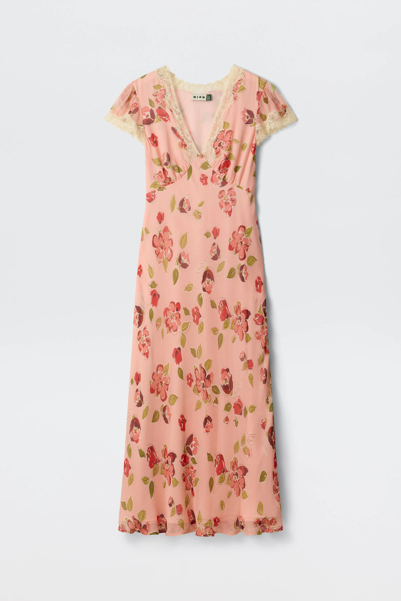 The Clarice - Kimmie Floral Pink dress features short sleeves, a floral pink print, a V-neckline, and lace trim on the sleeves and neckline, shown against a plain white background.