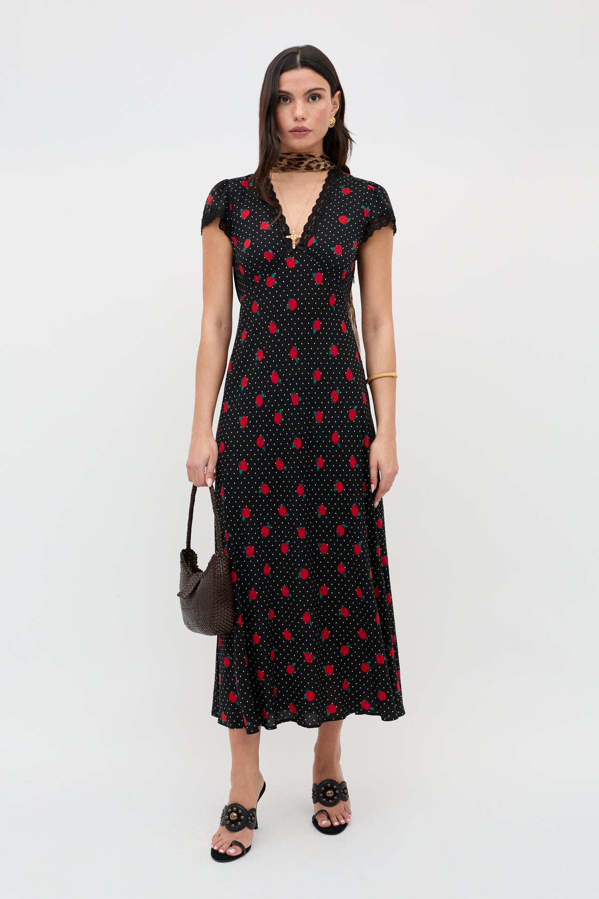 Clarice Midi Dress in Rose Spot Black | RIXO USA Clarice Midi Dress in Rose Spot Black | RIXO USA