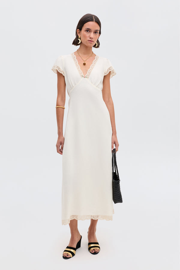 Clarice Linen Midi Dress in Cream | RIXO USA Clarice Linen Midi Dress in Cream | RIXO USA