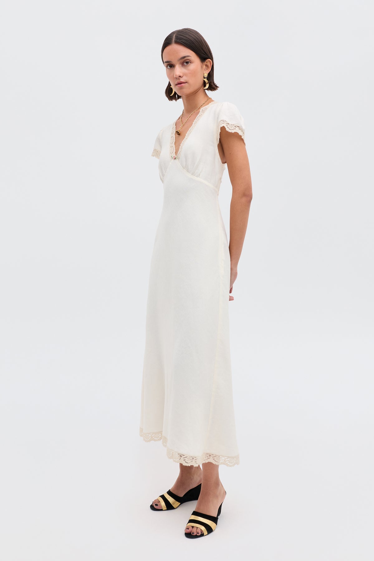 Clarice Linen Midi Dress in Cream | RIXO USA Clarice Linen Midi Dress in Cream | RIXO USA