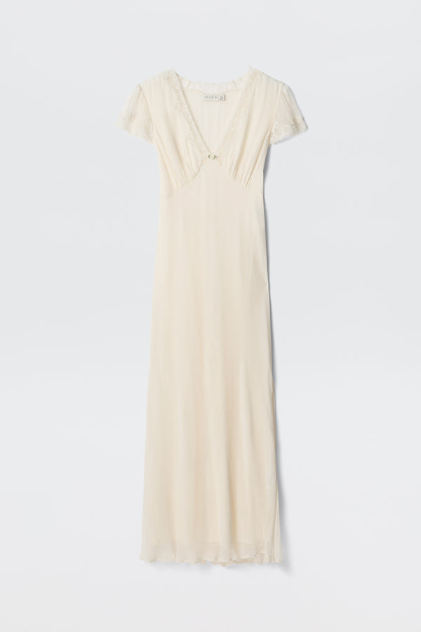 The Clarice - Pearl is a vintage-style ivory dress with short lace sleeves, a V-neckline, delicate lace trim, and a fitted bodice, shown against a plain white background.