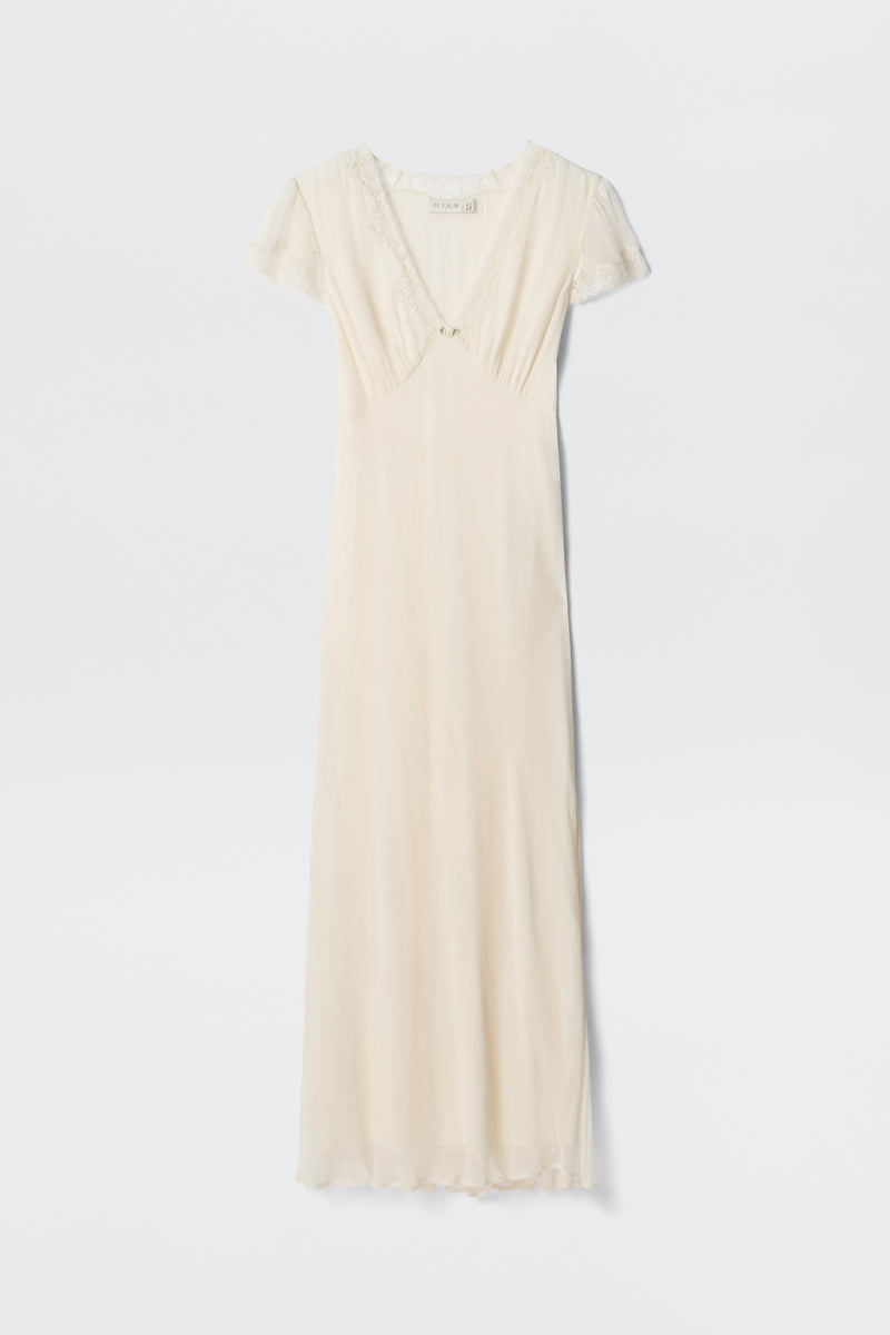 The Clarice - Pearl is a vintage-style ivory dress with short lace sleeves, a V-neckline, delicate lace trim, and a fitted bodice, shown against a plain white background.