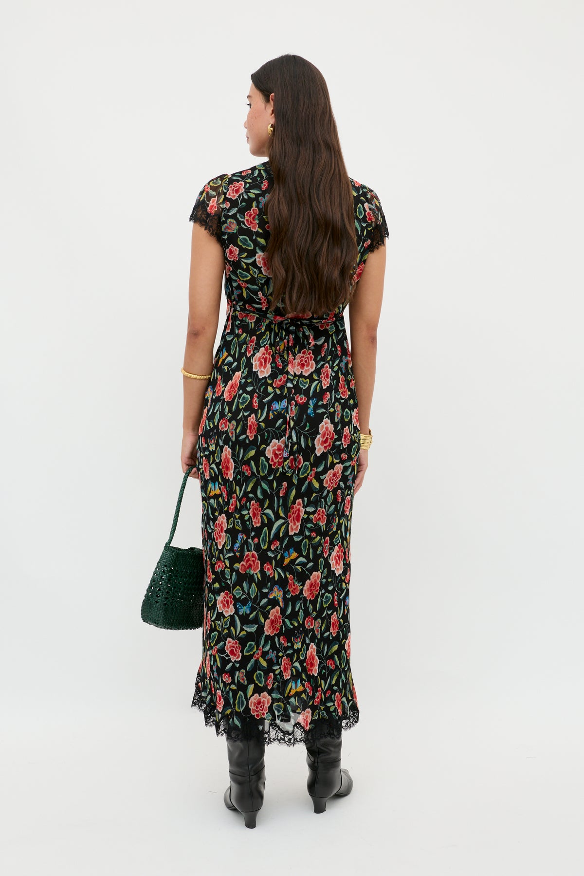 Clarice Chiffon Midi Dress in Multi Butterfly Floral Black | RIXO USA Clarice Chiffon Midi Dress in Multi Butterfly Floral Black | RIXO USA