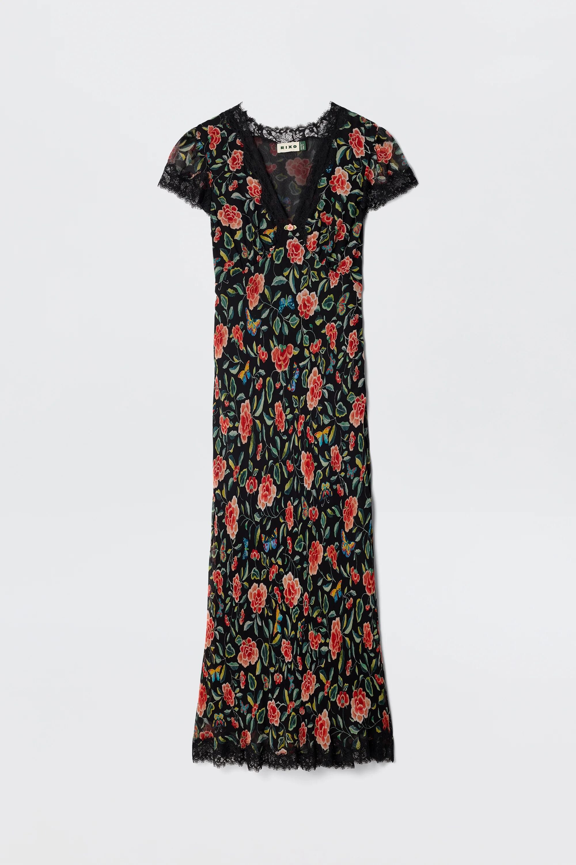 Clarice Chiffon Midi Dress in Multi Butterfly Floral Black