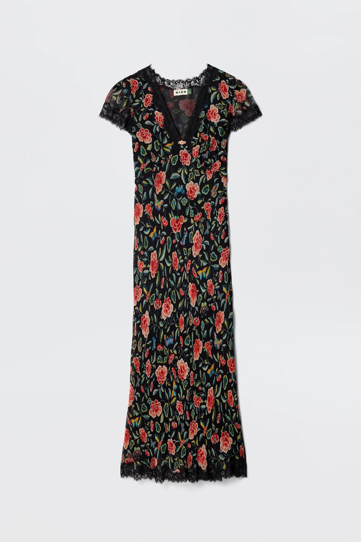 The Clarice - Butterfly Floral Black is a black, short-sleeved V-neck crinkle chiffon dress with a butterfly floral print and lace-trimmed sleeves and hem, shown against a plain white background.