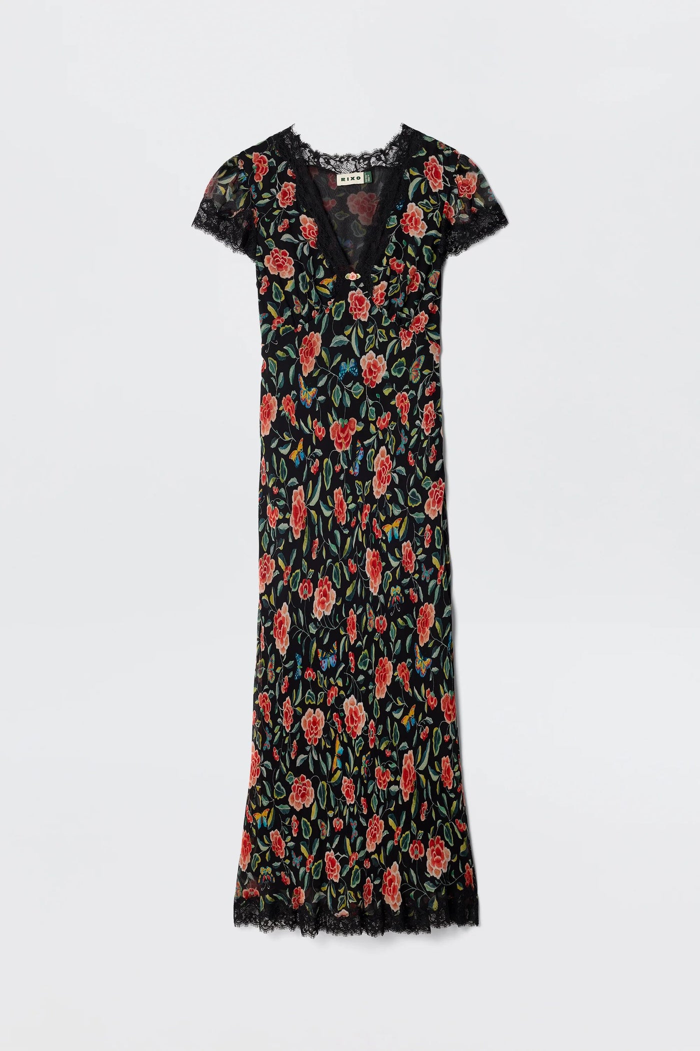 The Clarice - Butterfly Floral Black is a black, short-sleeved V-neck crinkle chiffon dress with a butterfly floral print and lace-trimmed sleeves and hem, shown against a plain white background.