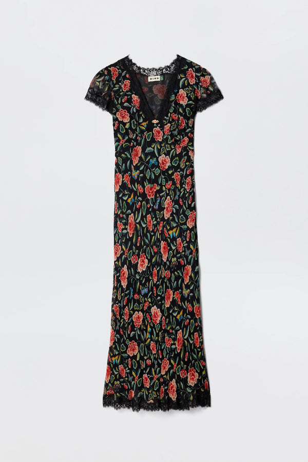 The Clarice - Butterfly Floral Black is a black, short-sleeved V-neck crinkle chiffon dress with a butterfly floral print and lace-trimmed sleeves and hem, shown against a plain white background.