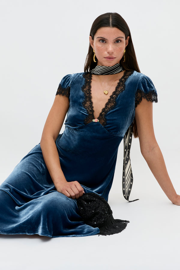 Clarice Silk-Velvet Dress in Steel Blue Clarice Silk-Velvet Dress in Steel Blue