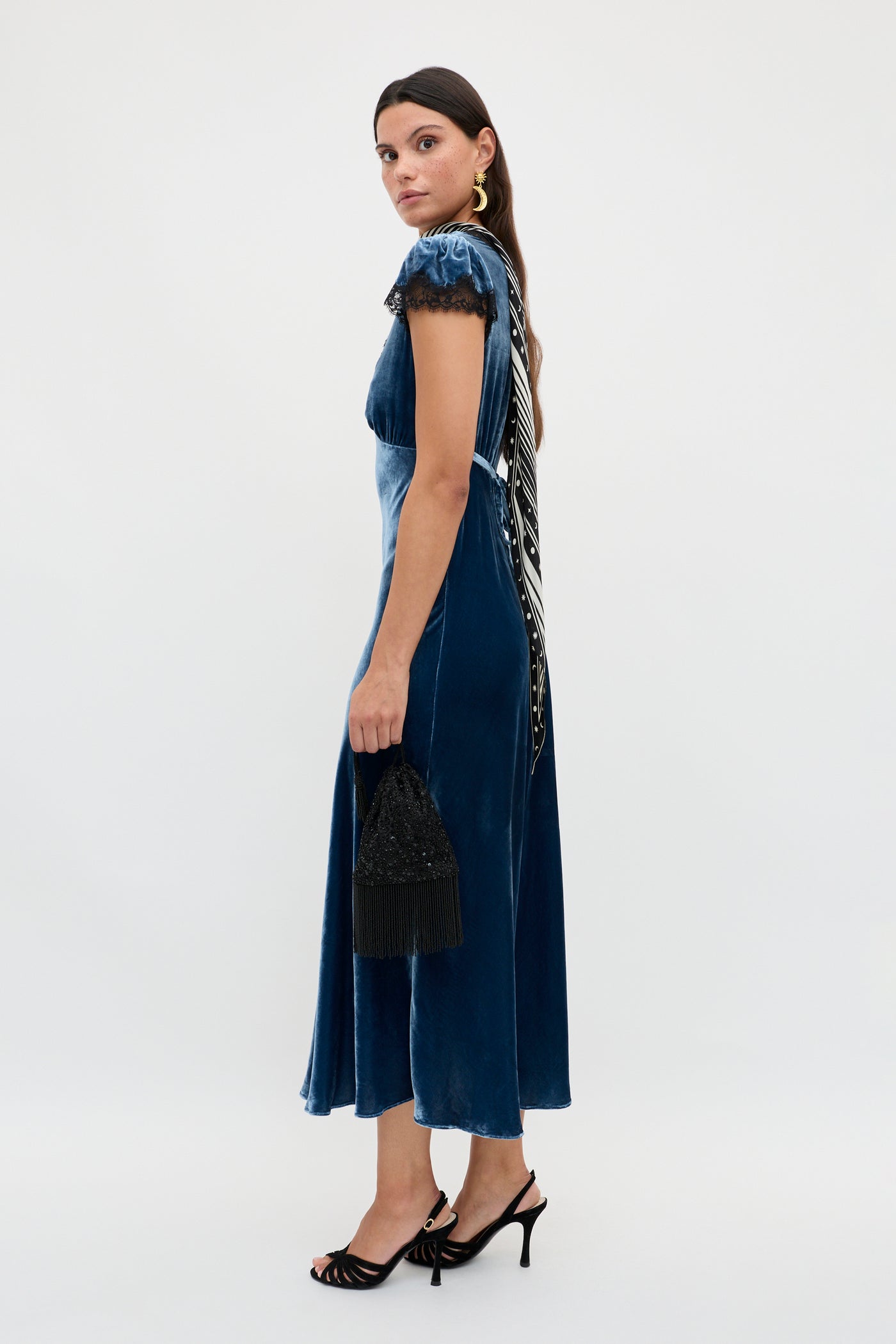 Clarice Silk-Velvet Dress in Steel Blue | RIXO USA Clarice Silk-Velvet Dress in Steel Blue | RIXO USA