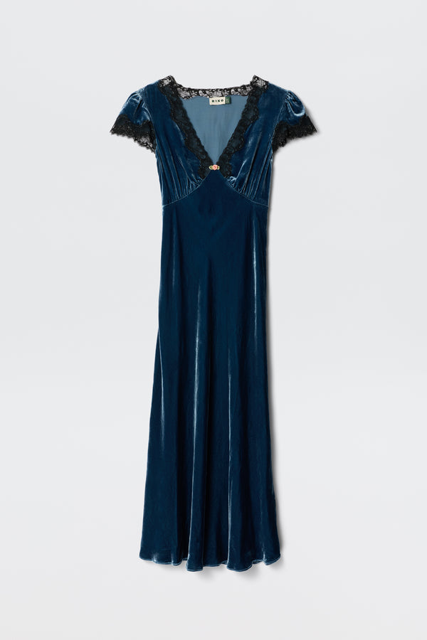 Clarice Silk-Velvet Dress in Steel Blue | RIXO USA Clarice Silk-Velvet Dress in Steel Blue | RIXO USA