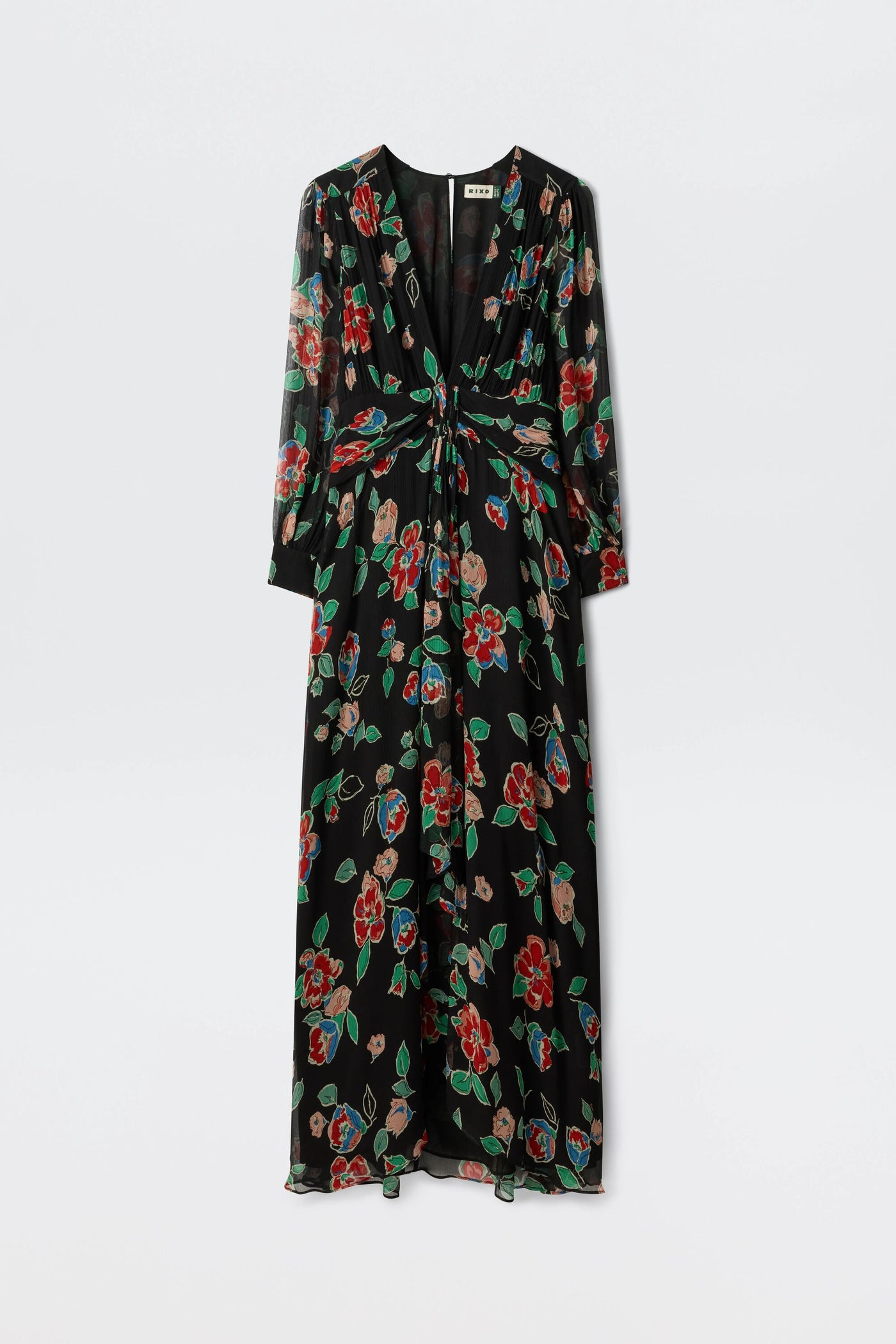 The Meera - Kimmie Floral Charcoal is a sheer, lightweight black dress featuring long sleeves, an ankle-length cut, V-neckline, gathered waist, and vibrant red and green floral print.
