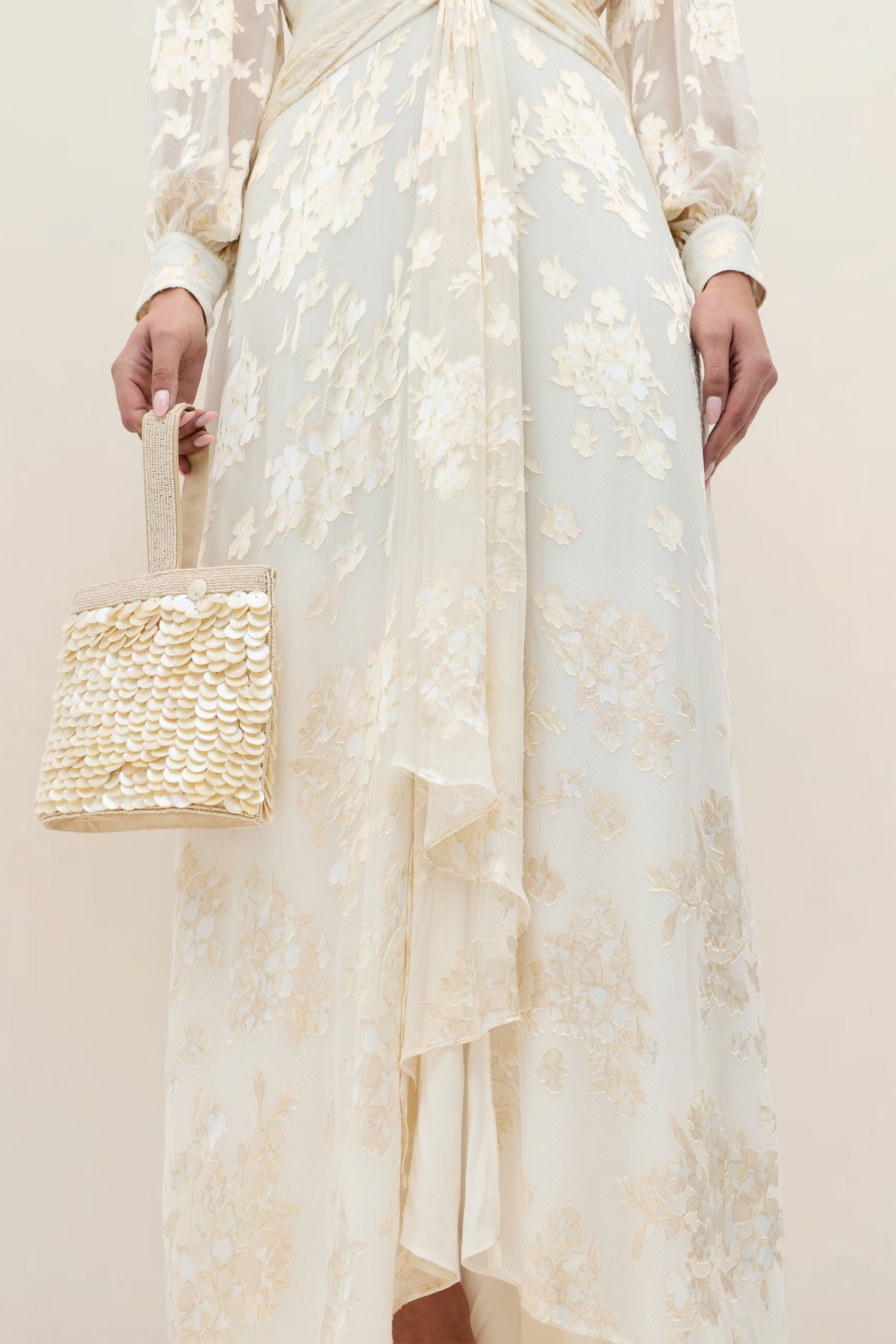 cotton maxi shirt dress Meera Silk-Satin Devoré Gown in Bouquet Devoré Cream