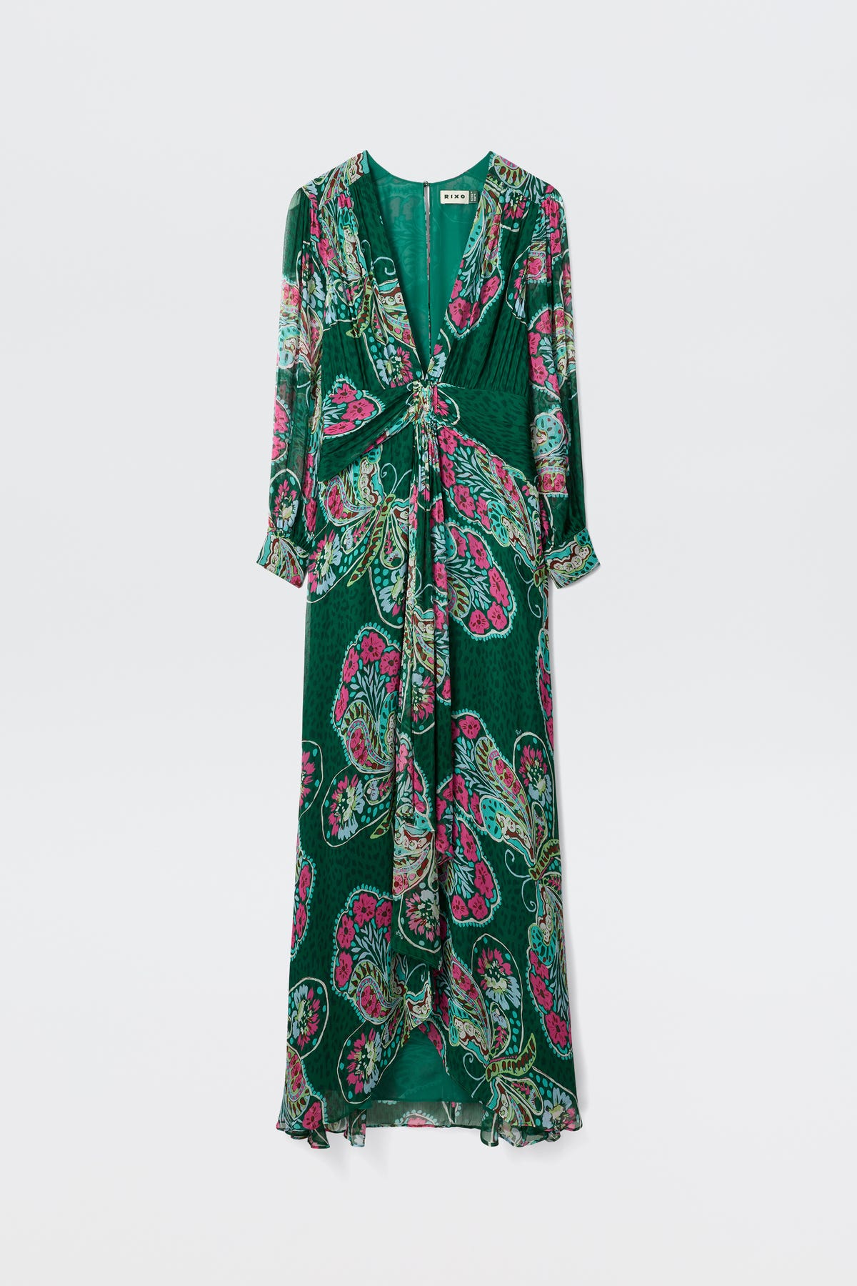 The Meera - Butterfly Bloom Green is a long-sleeved maxi dress with a green base, colorful pink and light green paisley print, V-neckline, gathered waist, and flowing skirt.