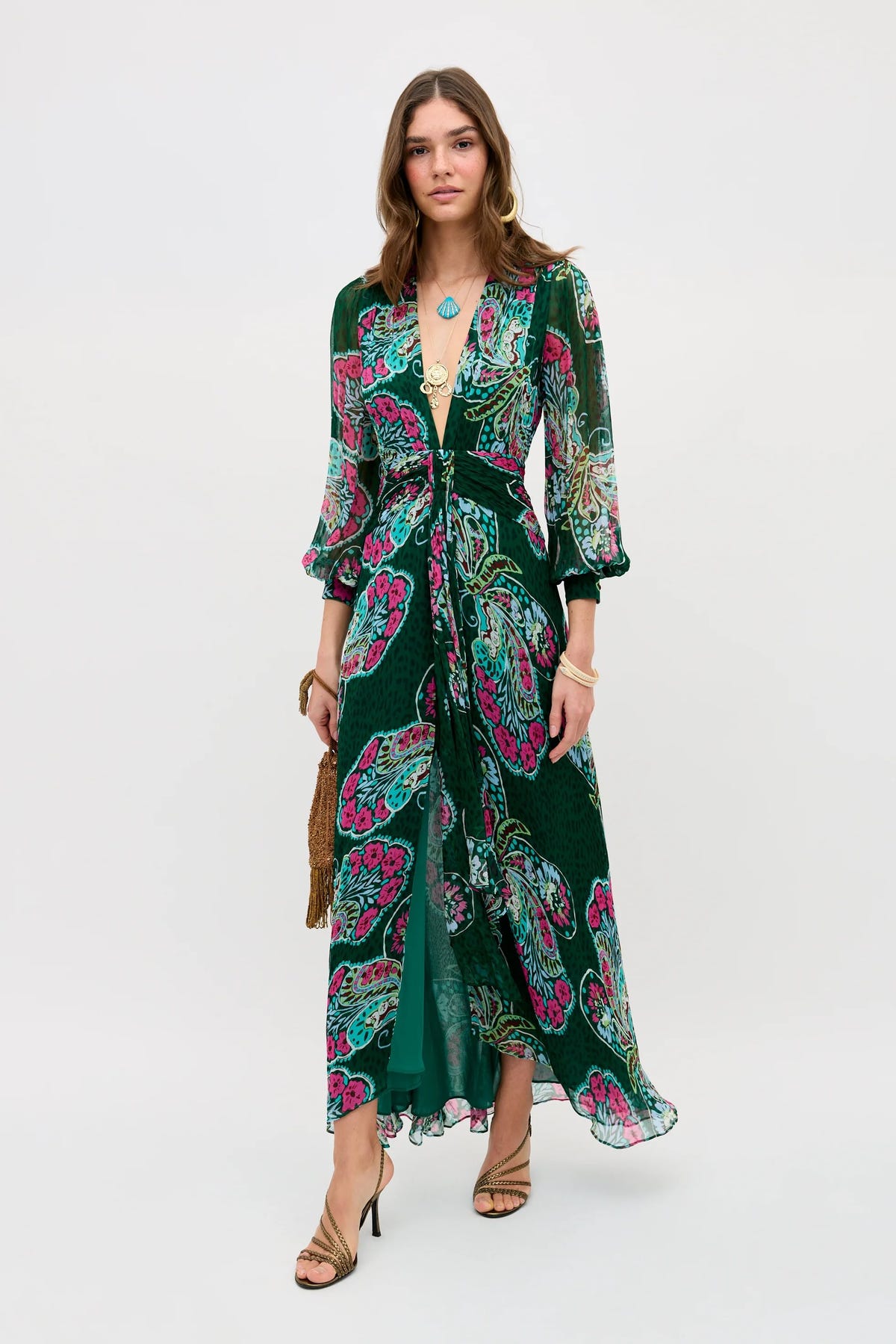 bohemian style dress characteristics Meera Chiffon Gown in Butterfly Bloom Green Size:13.5 NISSA Ruched Midi Dress front detail and long Retro-Inspired Heels