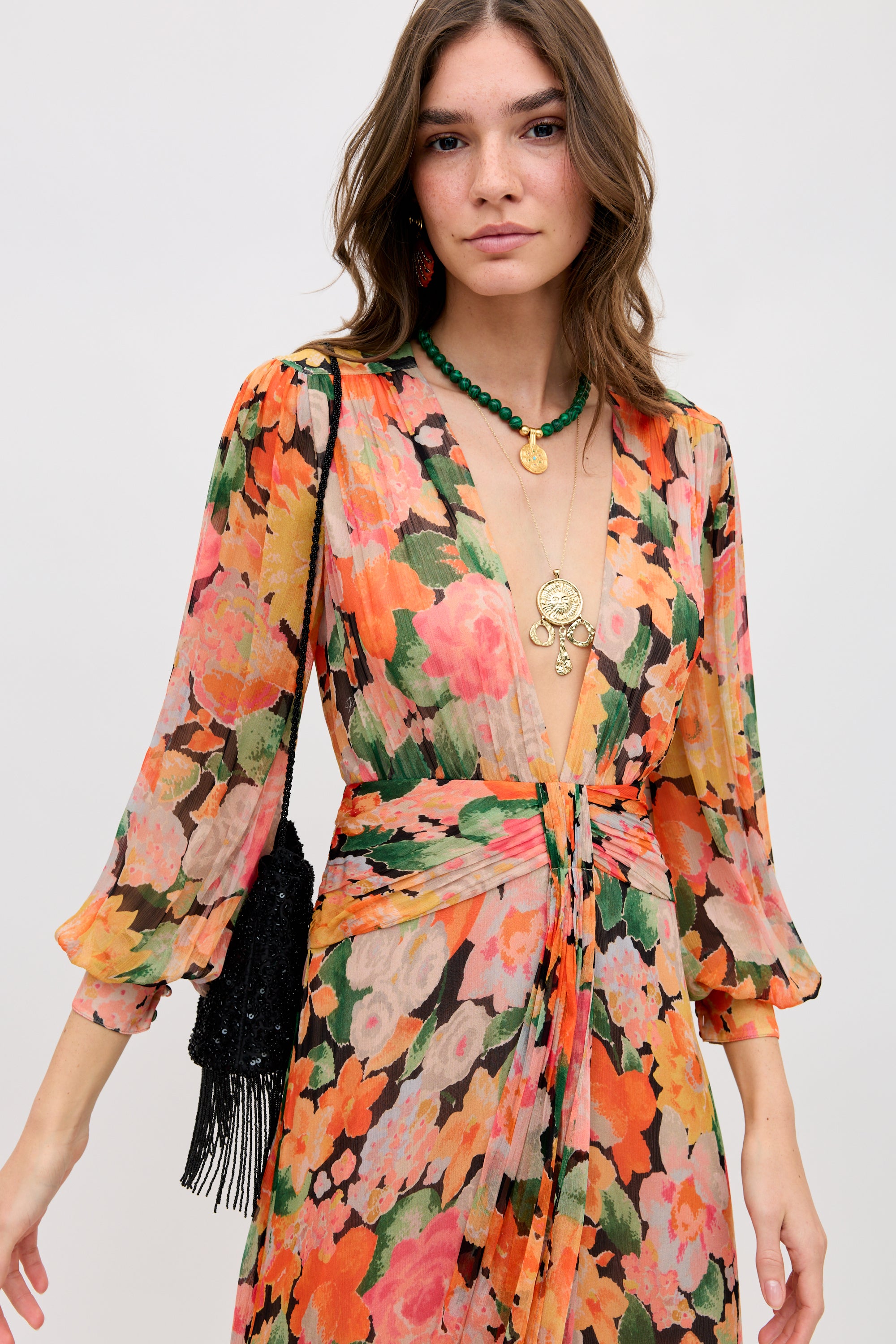 Meera Chiffon Gown in Orange Chelsea Floral Black | RIXO ⋆