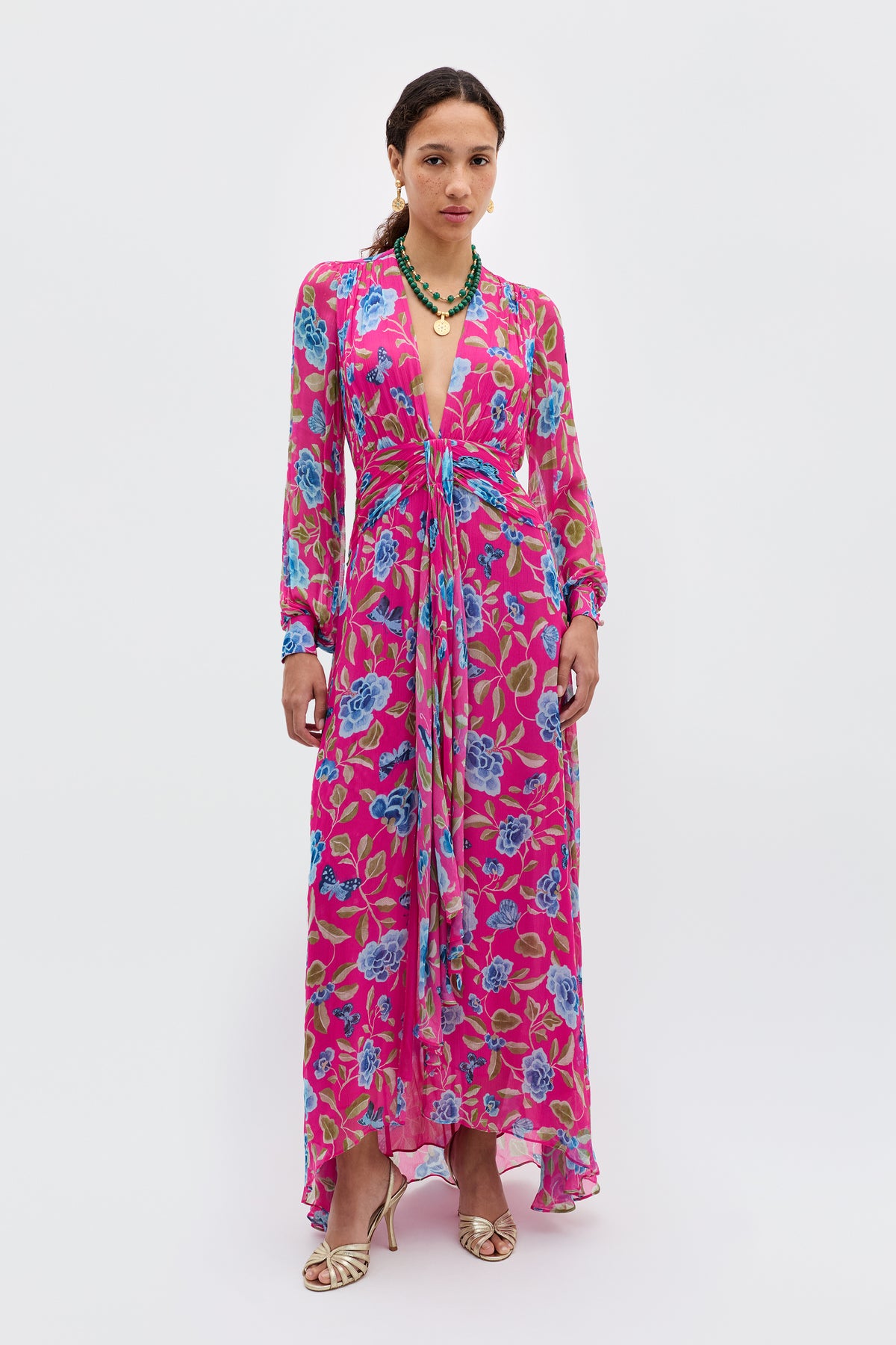 Meera Gown in Pink Butterfly Floral Magenta | RIXO USA Meera Gown in Pink Butterfly Floral Magenta | RIXO USA
