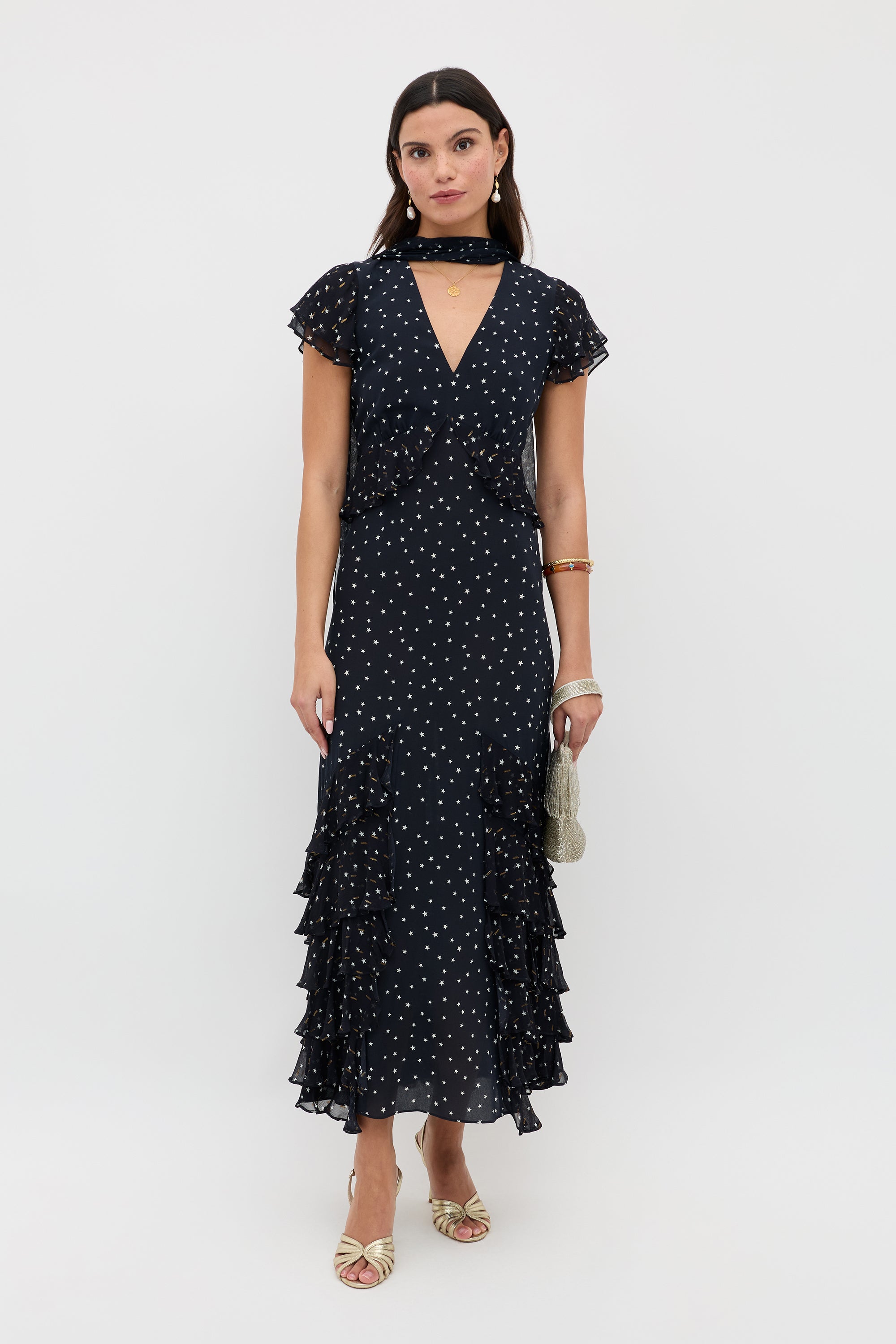 クリスマス　スワッグ　ネイビーリボン Thanvi Silk Midi Dress in Starry Night Navy | RIXO USA ⋆
