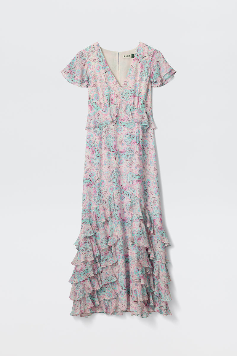 rixo thanvi silk midi dress Thanvi Silk Midi Dress in Purple Butterfly Paisley Cream