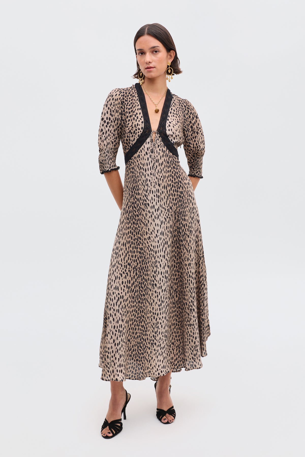 Amina Midi Dress in Brown Antelope Spot Black | RIXO USA Amina Midi Dress in Brown Antelope Spot Black | RIXO USA
