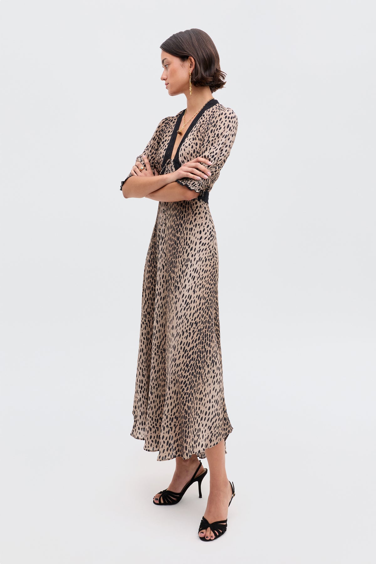 Amina Midi Dress in Brown Antelope Spot Black | RIXO Europe Amina Midi Dress in Brown Antelope Spot Black | RIXO Europe