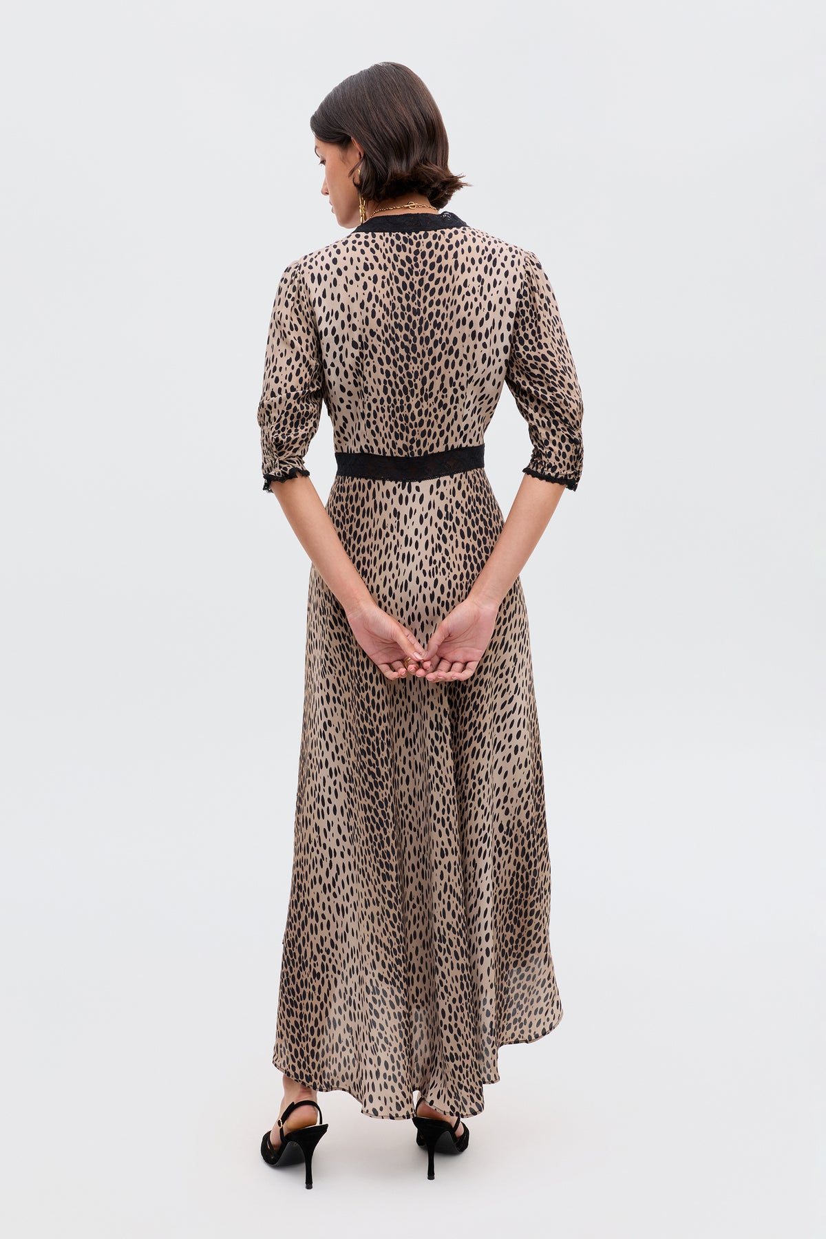 Amina Midi Dress in Brown Antelope Spot Black | RIXO USA Amina Midi Dress in Brown Antelope Spot Black | RIXO USA