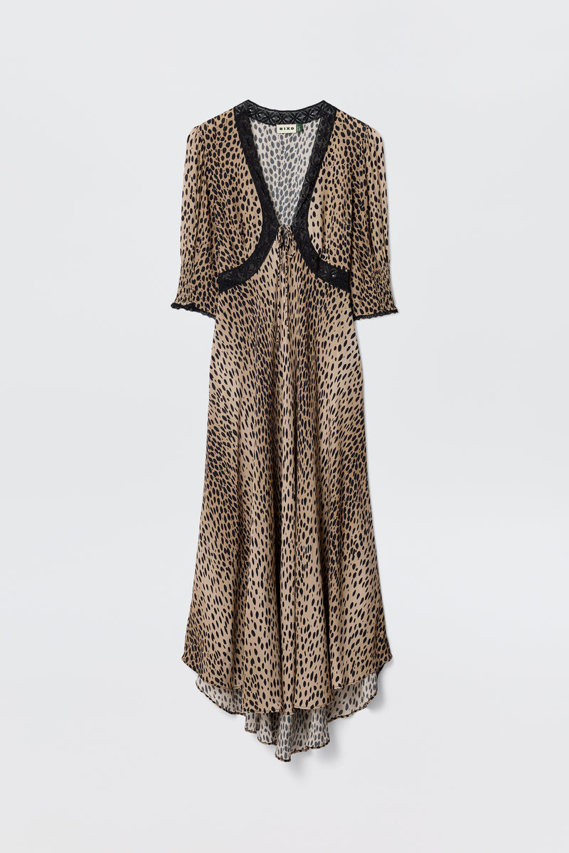 Amina Midi Dress in Brown Antelope Spot Black | RIXO Europe Amina Midi Dress in Brown Antelope Spot Black | RIXO Europe