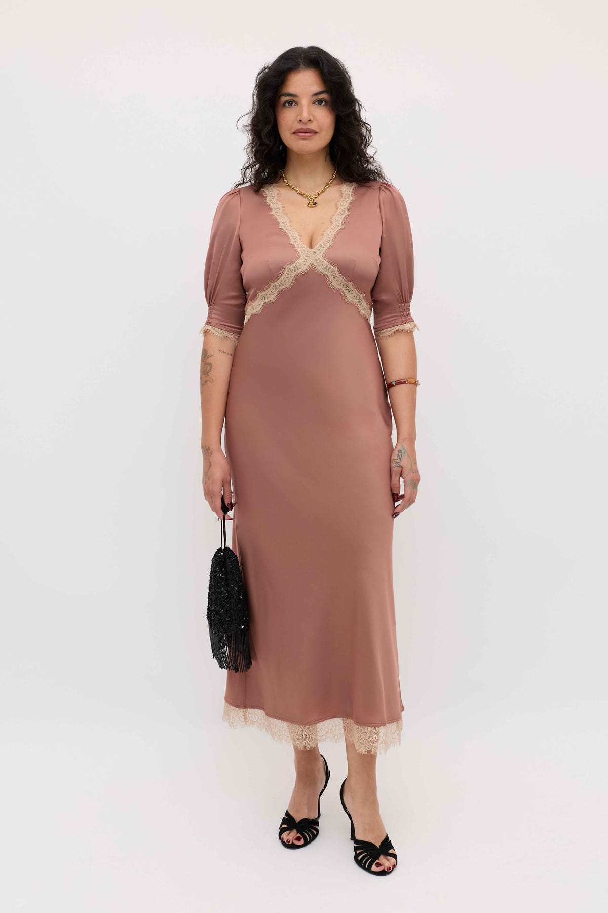 rixo dresses brown thomas Annina Satin Midi Dress in Mocha breathable feel mfgstyle_SALT972 Jeongyeon 정연 💚 | Color:Brown*