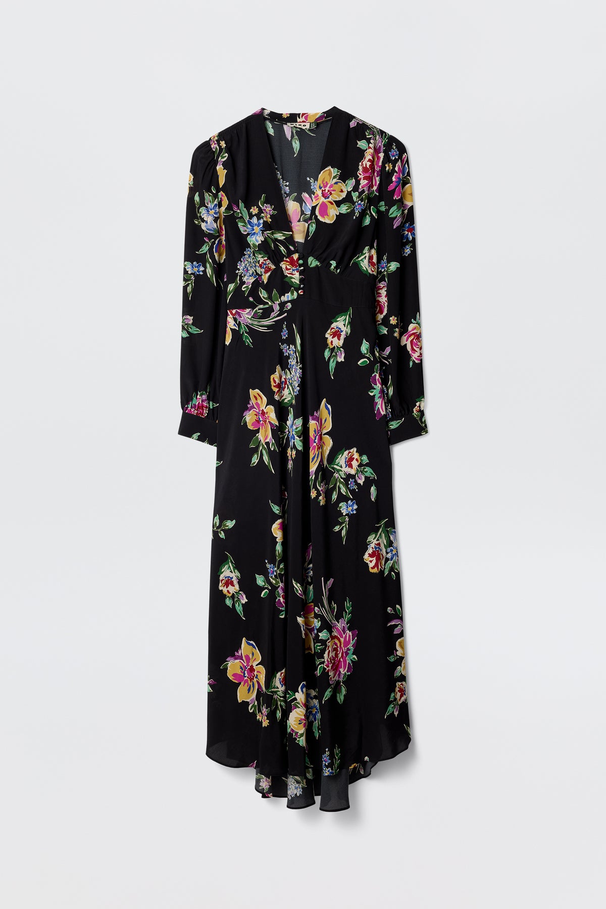 The Trula - Vintage Bloom Black by RIXO is a maxi dress featuring a hand-painted floral print, long sleeves, a V-neckline, and a slightly flared skirt, shown against a plain light background.