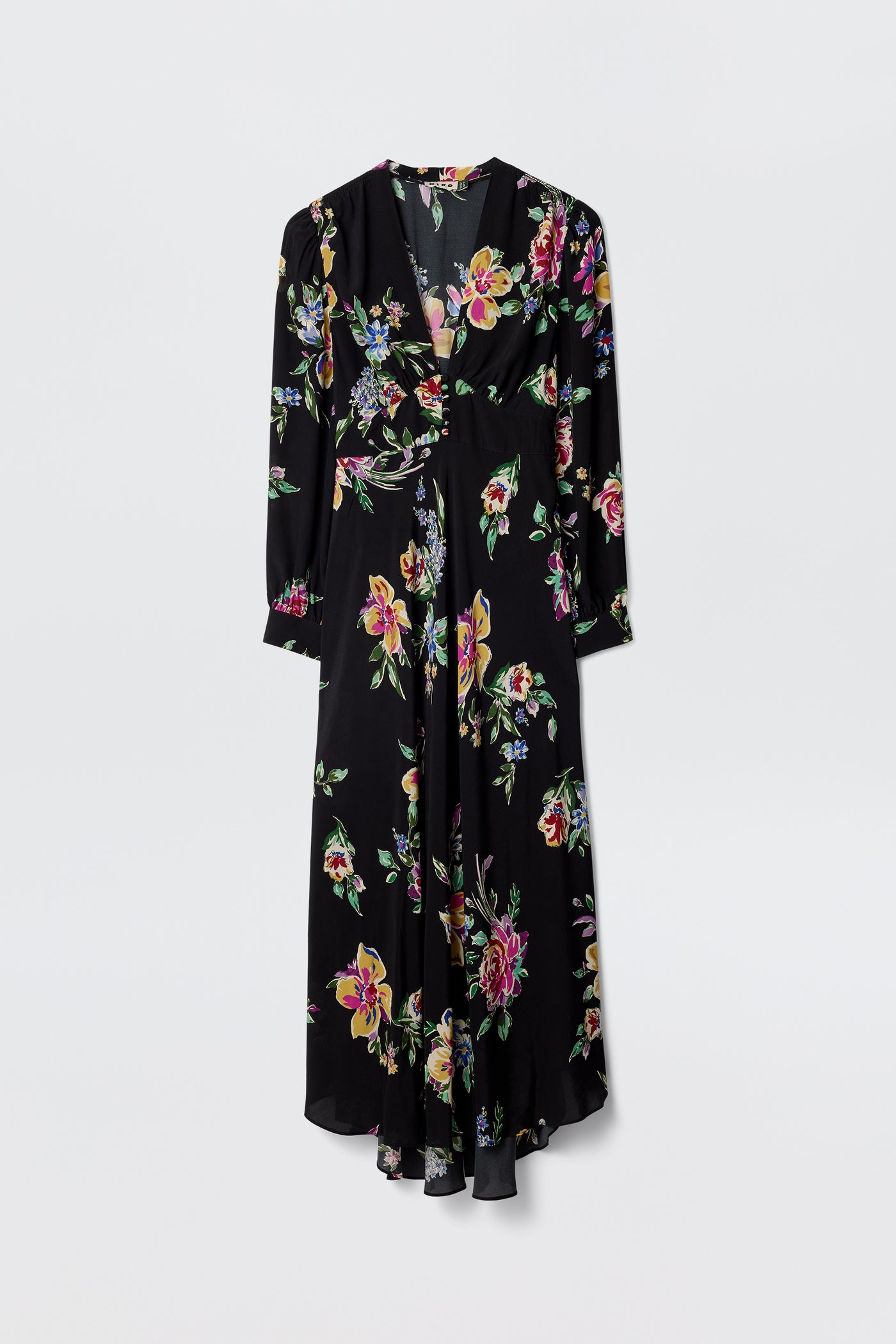 The Trula - Vintage Bloom Black by RIXO is a maxi dress featuring a hand-painted floral print, long sleeves, a V-neckline, and a slightly flared skirt, shown against a plain light background.