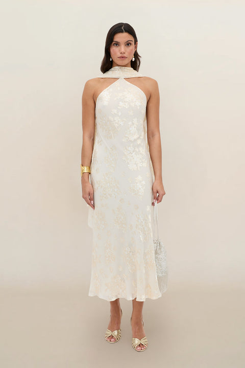 Hayley Silk-Satin Devor Dress in Bouquet Devor Cream | RIXO USA
