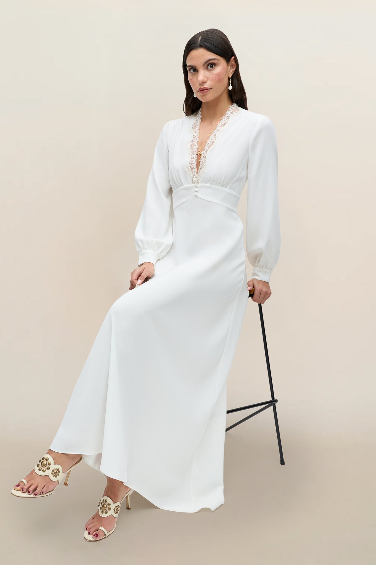 Emory Crepe Gown in Ivory Lace