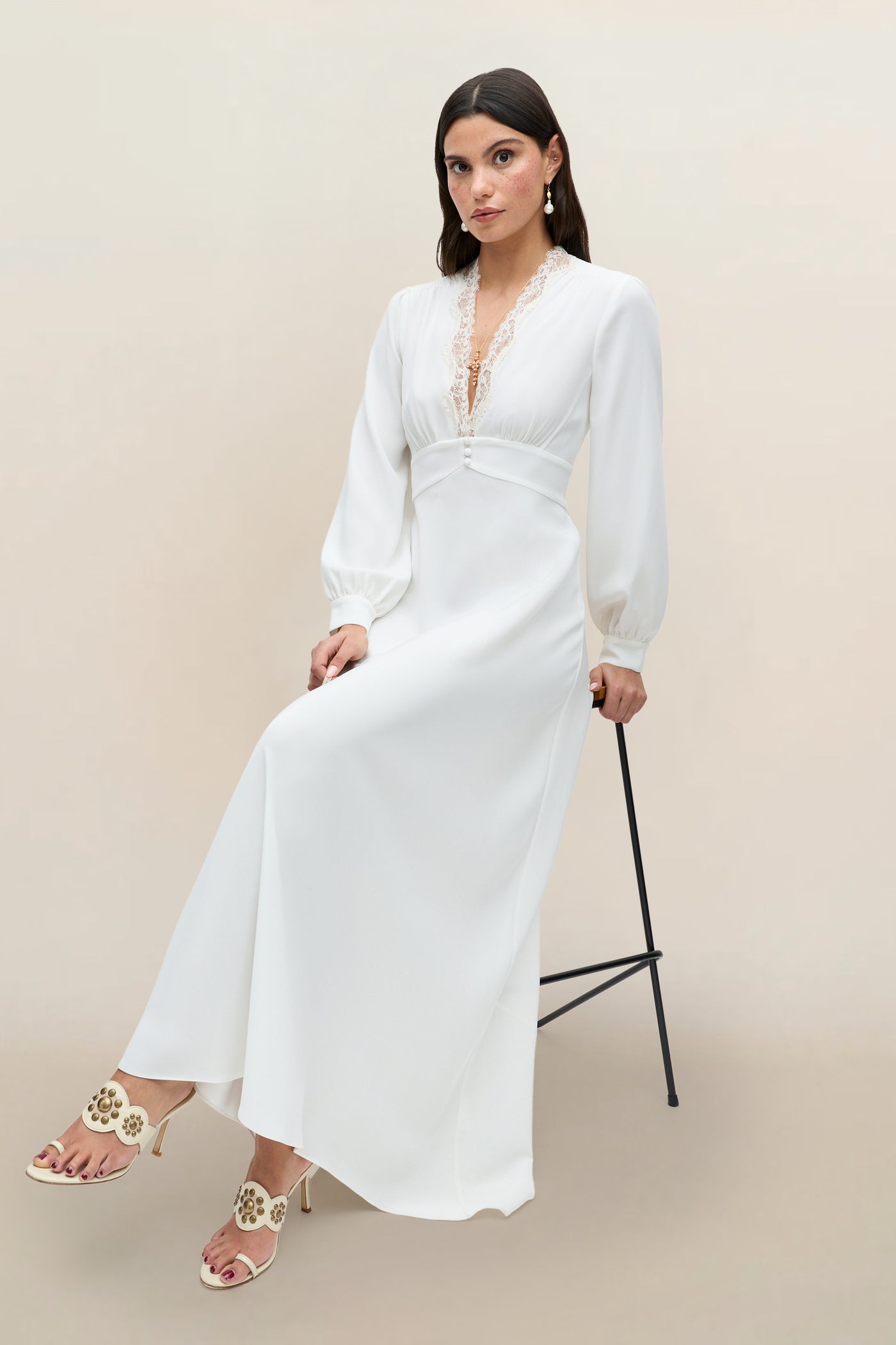 Emory Crepe Gown in Ivory Lace