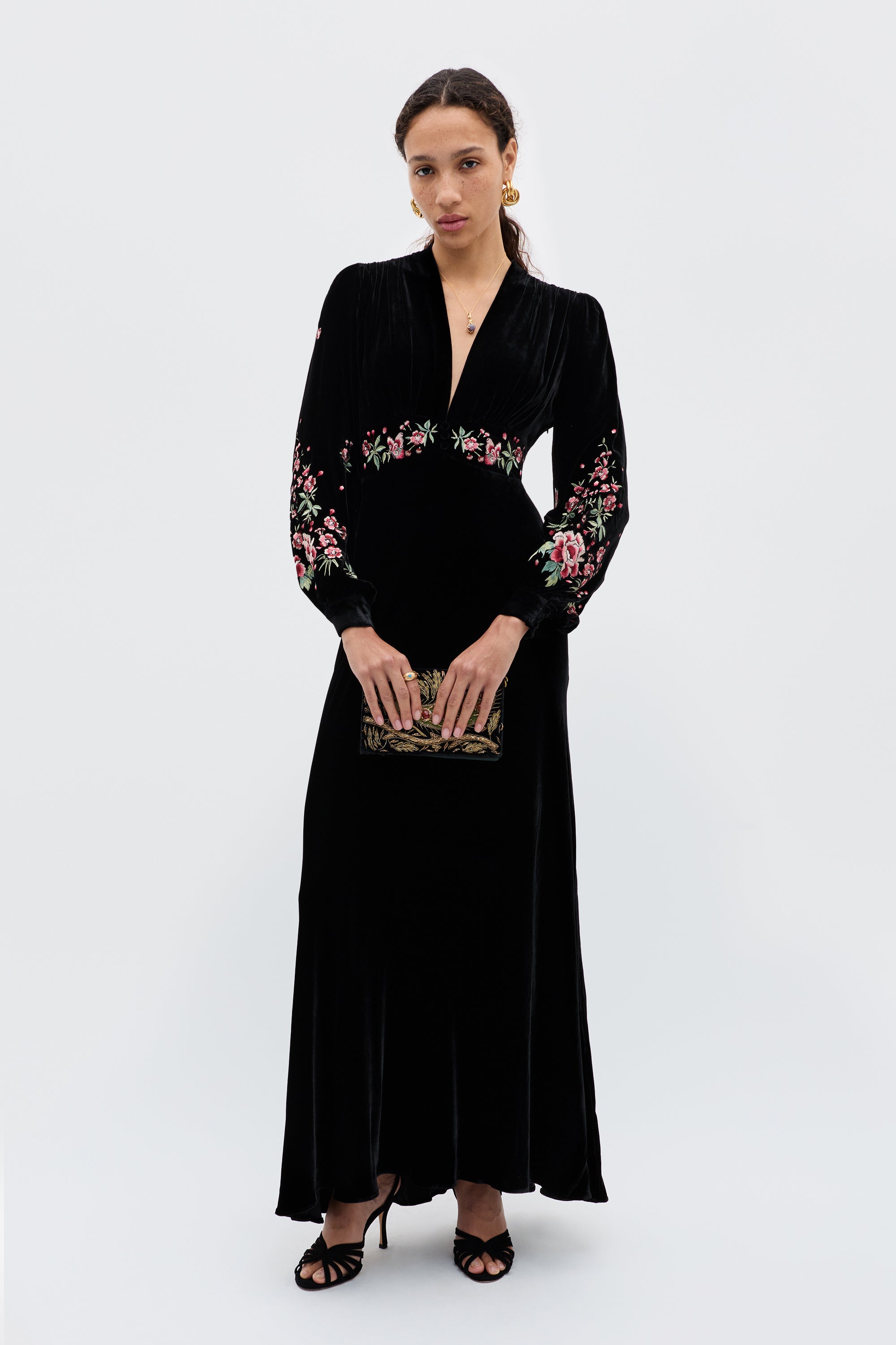 Emory Embroidered Silk-Velvet Gown in Black Blossom Embroidery