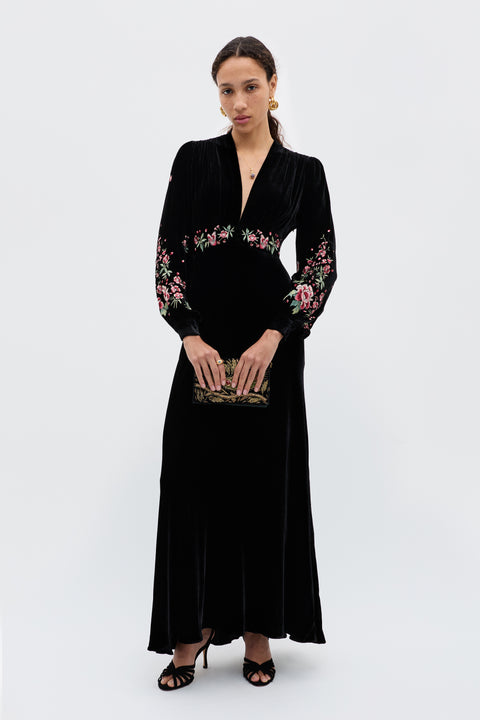 Emory Embroidered Silk-Velvet Gown in Black Blossom Embroidery Pink