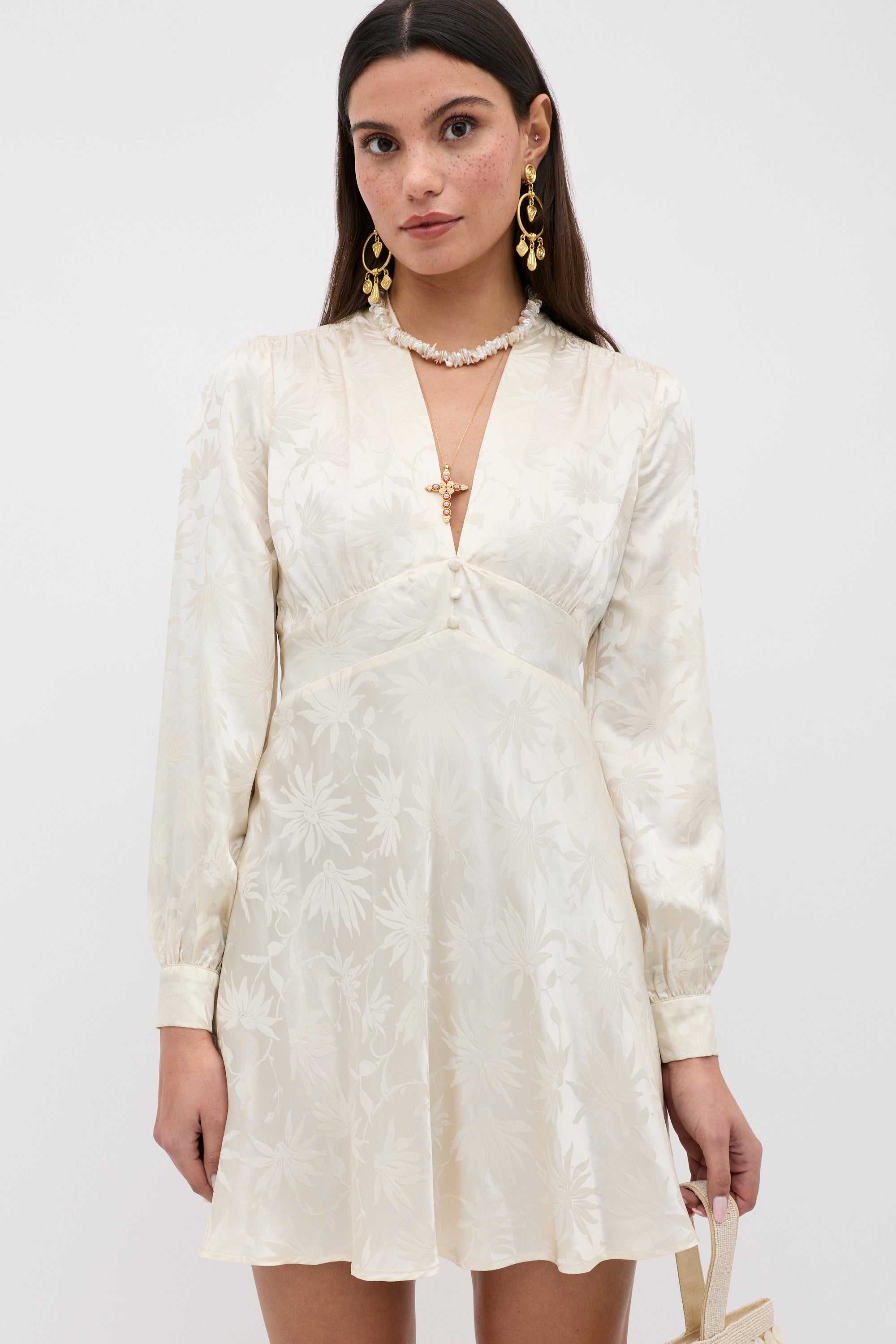 Hebe Silk Mini Dress in Cream Daisy Jacquard Champagne | RIXO USA ⋆