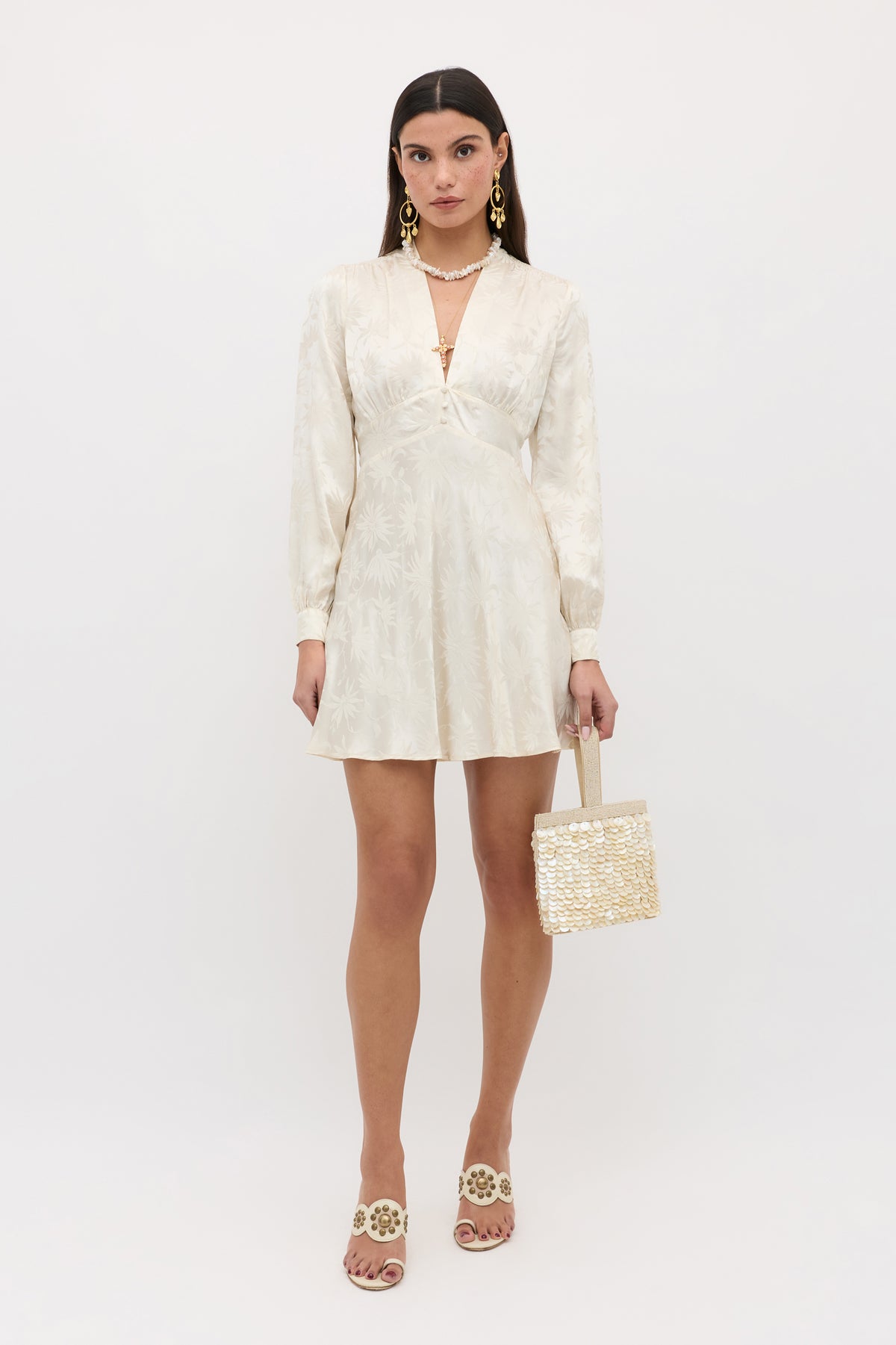 Hebe Silk Mini Dress in Cream Daisy Jacquard Champagne