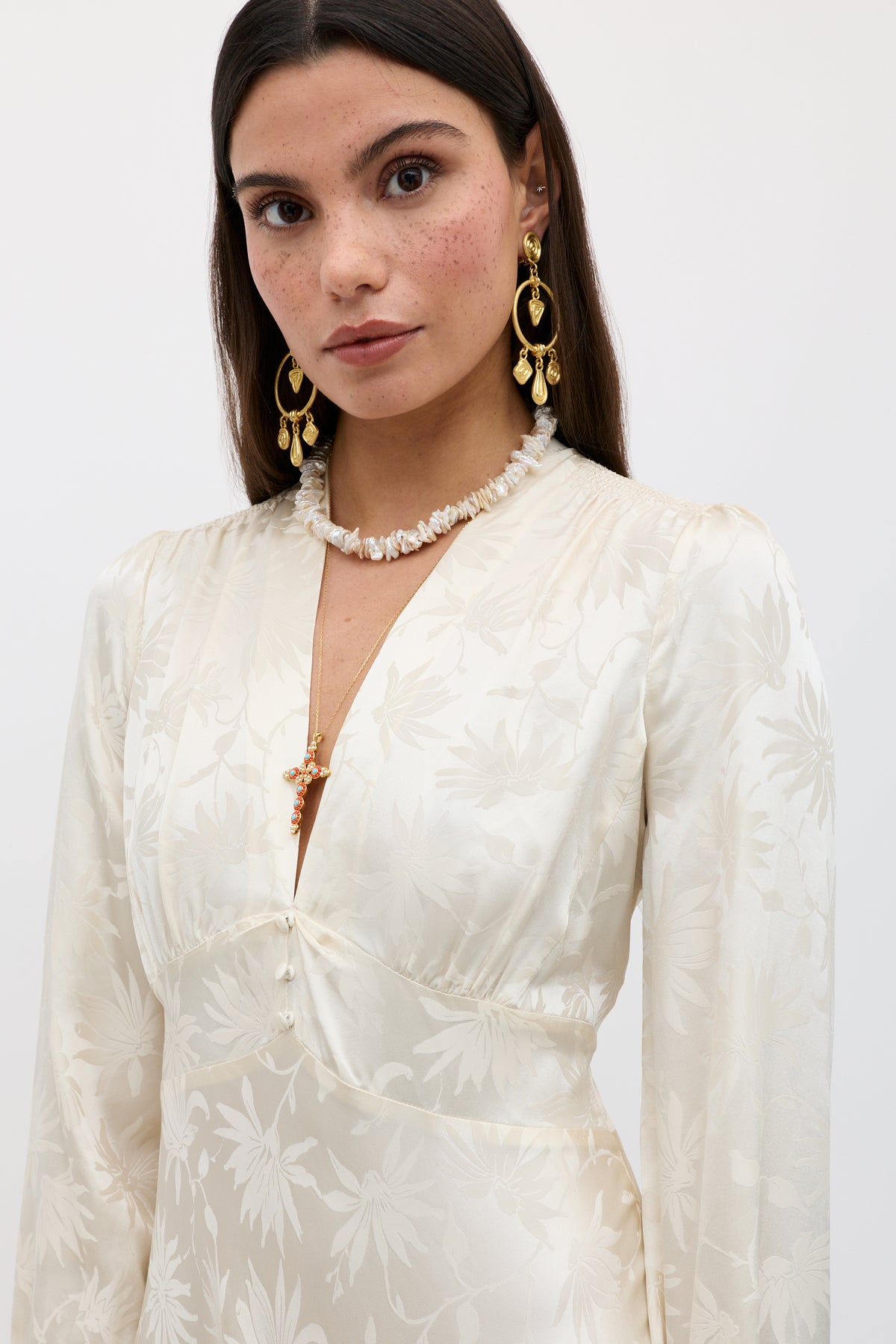 white silk mini dress Hebe Silk Mini Dress in Cream Daisy Jacquard Champagne