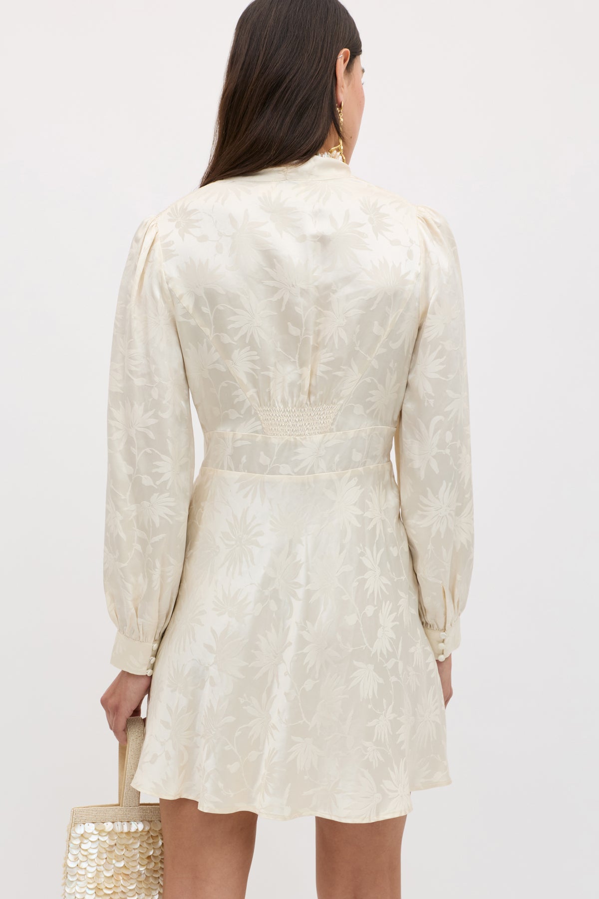 Hebe Silk Mini Dress in Cream Daisy Jacquard Champagne
