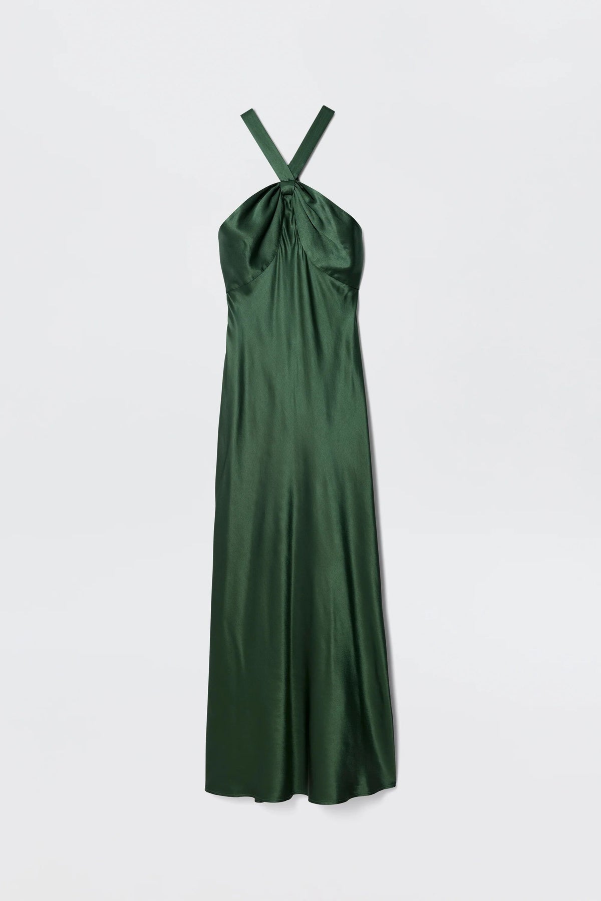 The Losanna - Forest Green is a long satin black-tie gown featuring a dark green hue, halter neckline with crossed straps, gathered bust detailing, and a slightly flared silhouette, shown against a plain light background.