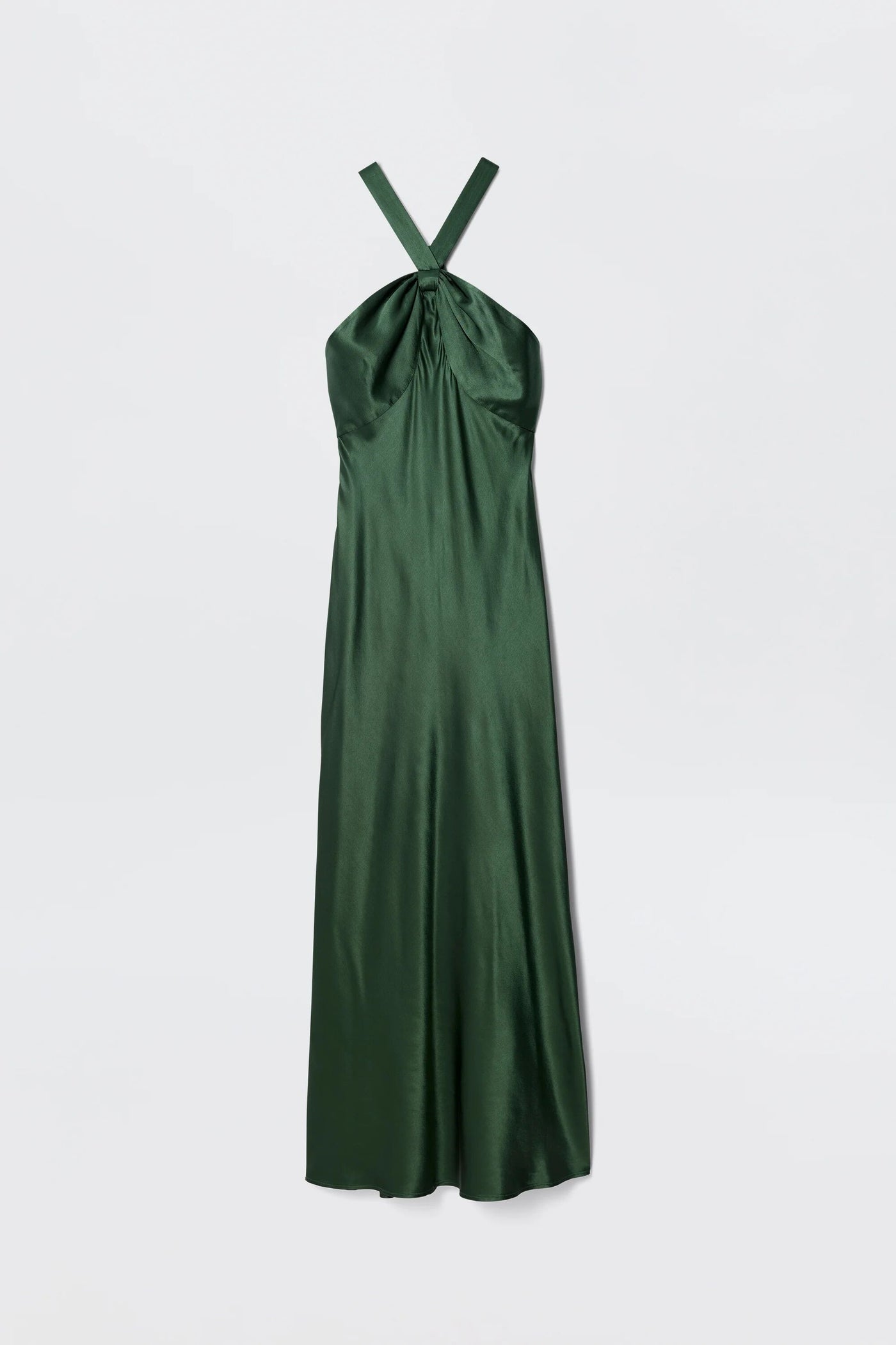 The Losanna - Forest Green is a long satin black-tie gown featuring a dark green hue, halter neckline with crossed straps, gathered bust detailing, and a slightly flared silhouette, shown against a plain light background.