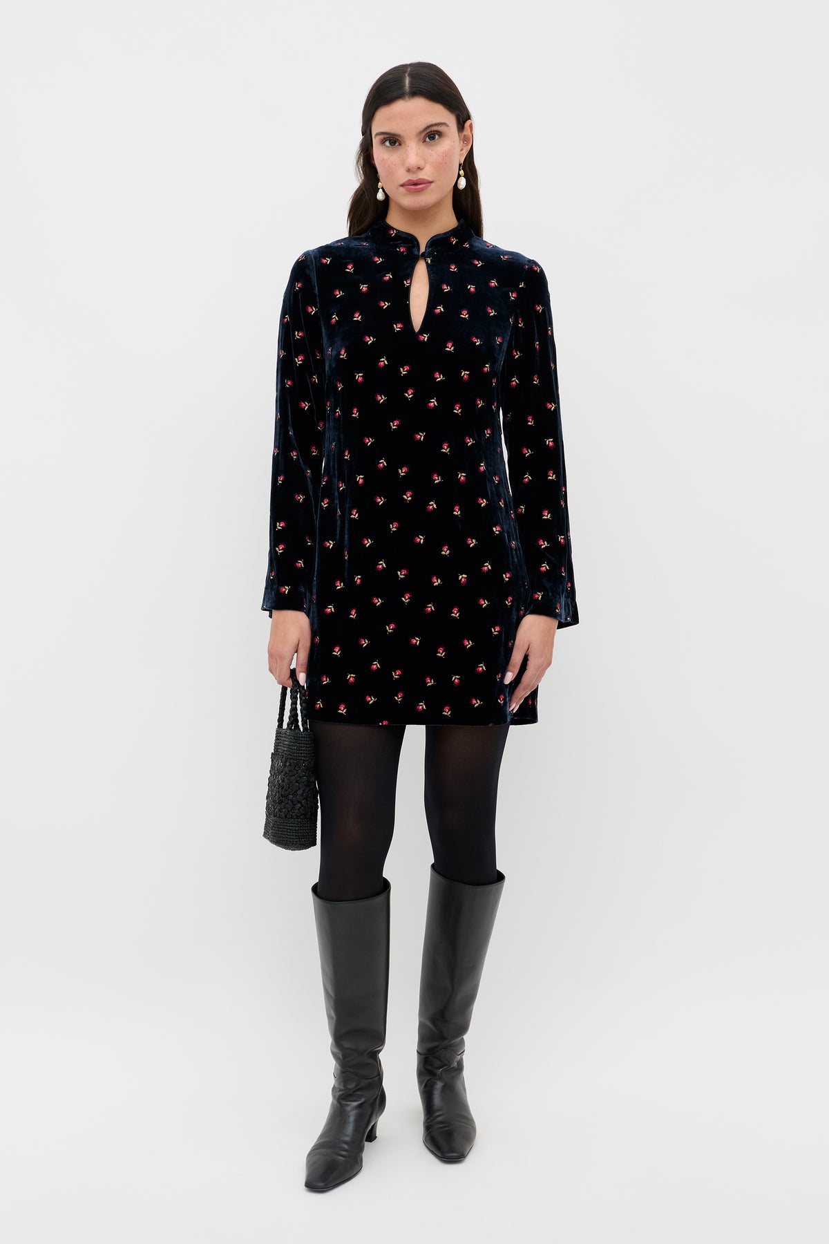 Calla Silk-Velvet Mini Dress in Dandy Embroidery Deep Navy | RIXO USA Calla Silk-Velvet Mini Dress in Dandy Embroidery Deep Navy | RIXO USA