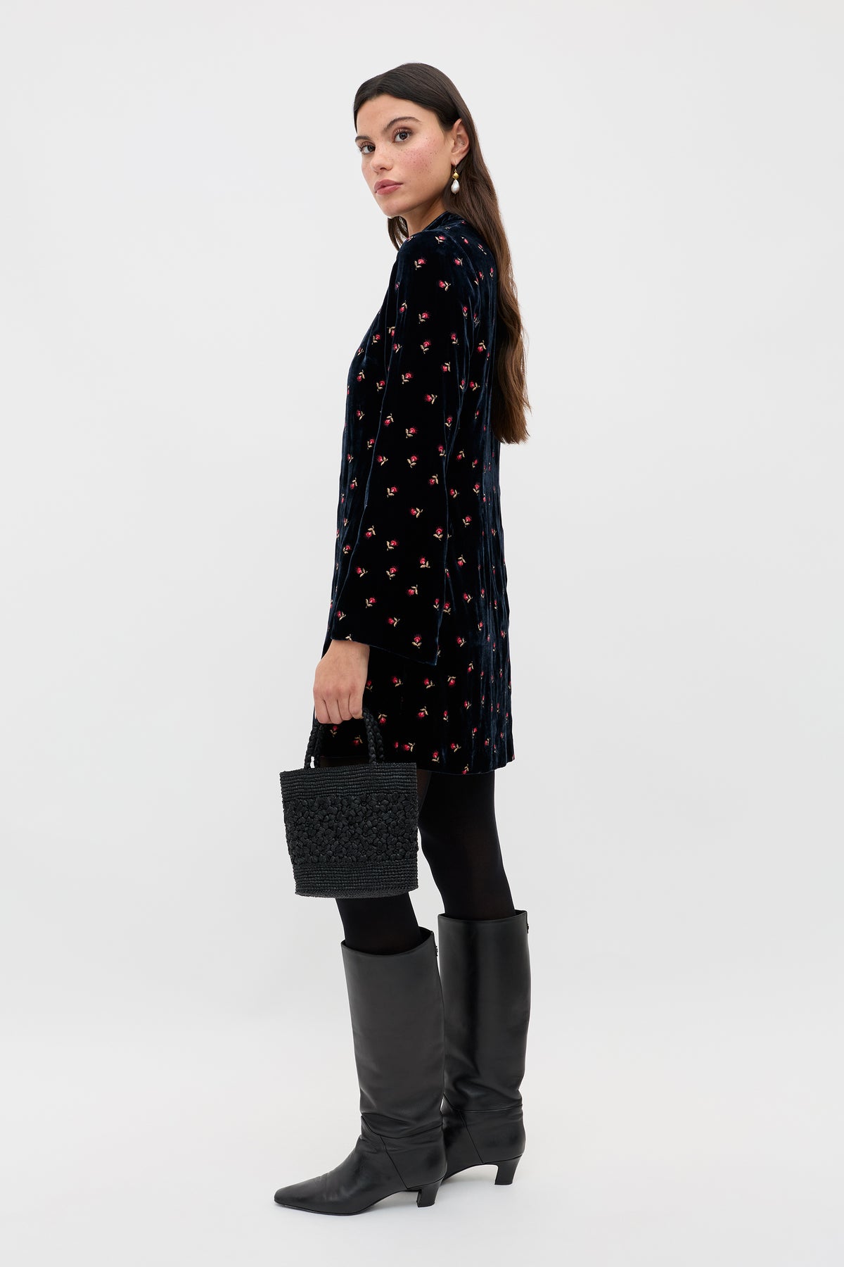 Calla Silk-Velvet Mini Dress in Dandy Embroidery Deep Navy Calla Silk-Velvet Mini Dress in Dandy Embroidery Deep Navy