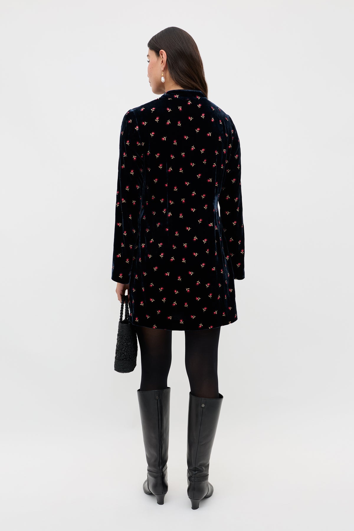 Calla Silk-Velvet Mini Dress in Dandy Embroidery Deep Navy | RIXO USA Calla Silk-Velvet Mini Dress in Dandy Embroidery Deep Navy | RIXO USA