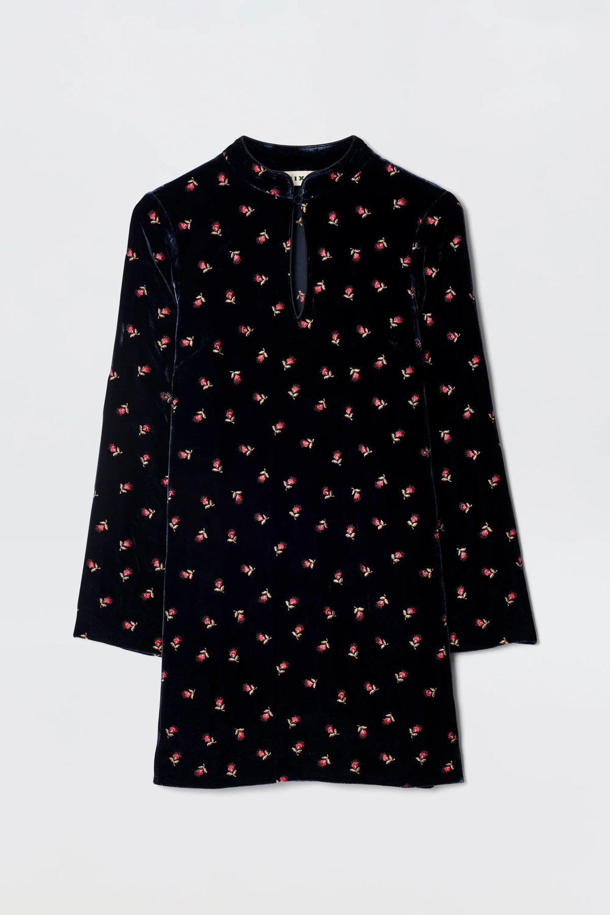 The Calla - Dandy Embroidery Deep Navy is a long-sleeved party dress with a short stand-up collar, keyhole neckline, and straight silhouette, featuring delicate embroidery, displayed flat on a light background.