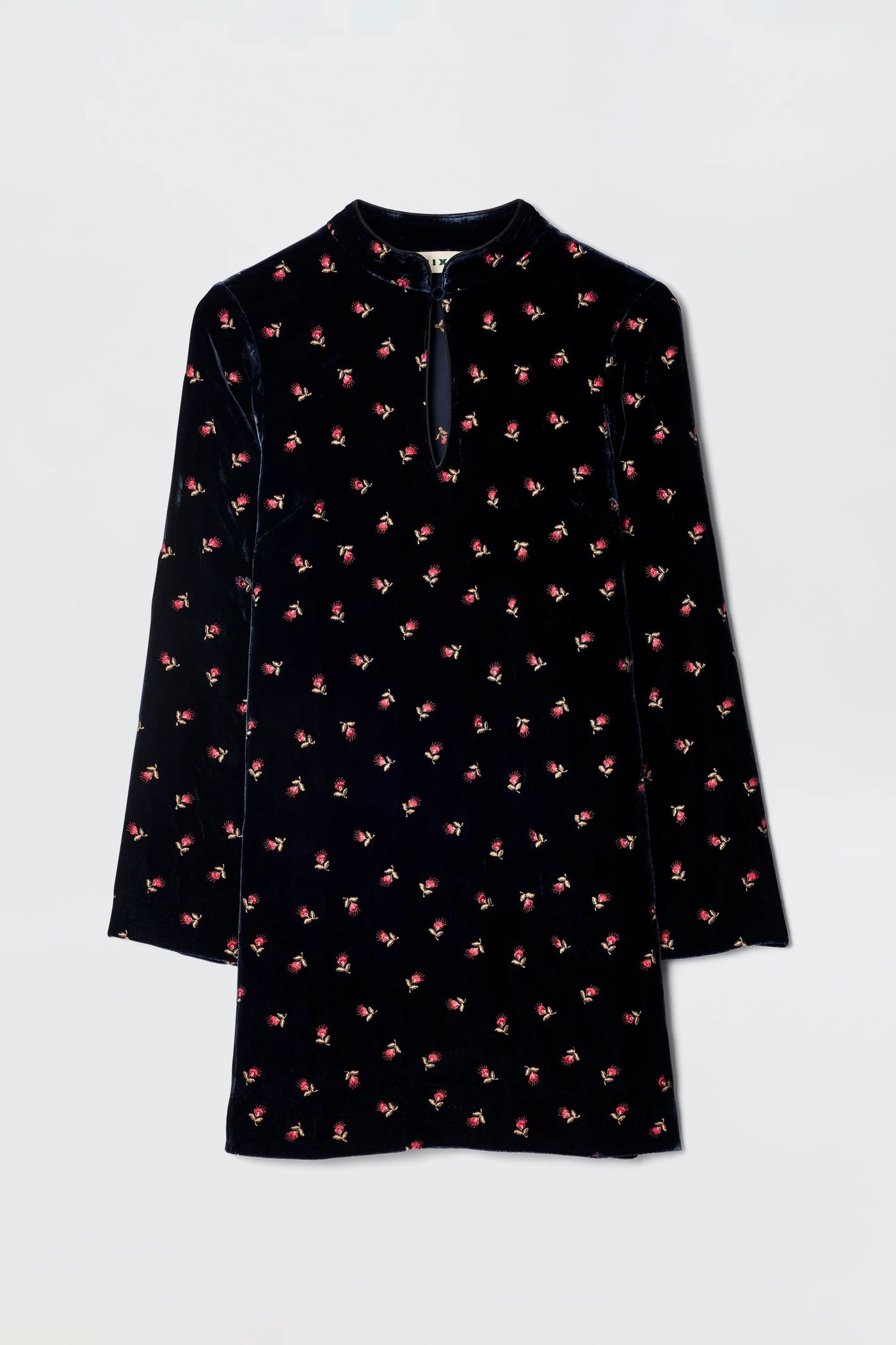 The Calla - Dandy Embroidery Deep Navy is a long-sleeved party dress with a short stand-up collar, keyhole neckline, and straight silhouette, featuring delicate embroidery, displayed flat on a light background.