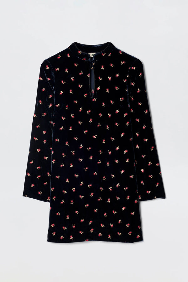 The Calla - Dandy Embroidery Deep Navy is a long-sleeved party dress with a short stand-up collar, keyhole neckline, and straight silhouette, featuring delicate embroidery, displayed flat on a light background.