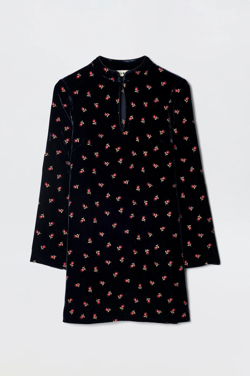 The Calla - Dandy Embroidery Deep Navy is a long-sleeved party dress with a short stand-up collar, keyhole neckline, and straight silhouette, featuring delicate embroidery, displayed flat on a light background.