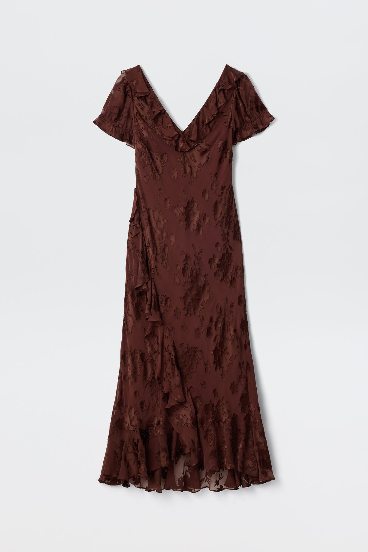 The Clementina - Bouquet Devoré Brown is a brown V-neck midi dress with short sleeves, a textured crinkled pattern, and a ruffled hem, displayed on a plain white background.