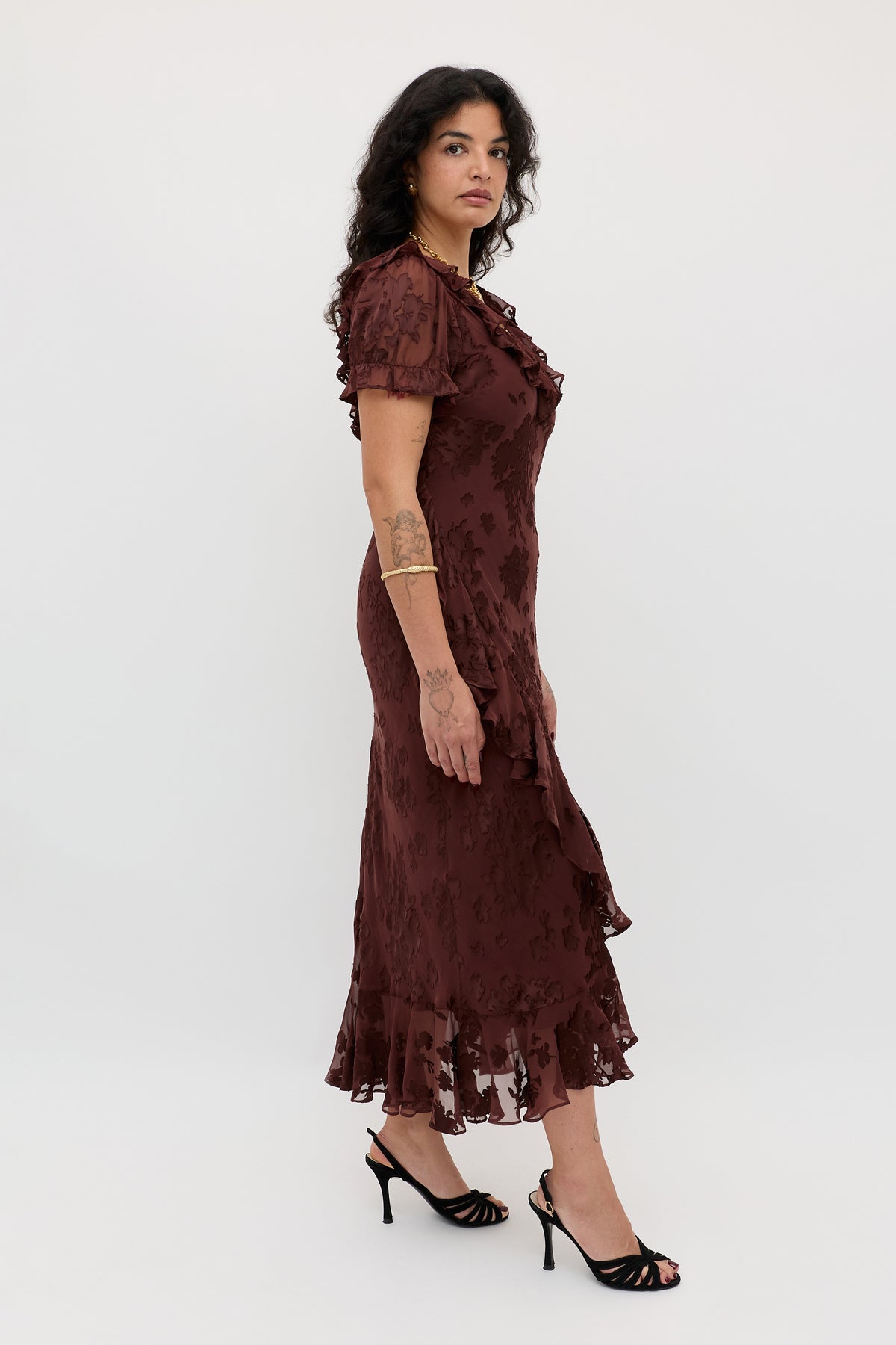 brown floral midi dress RIXO Clementina Silk-Satin Devoré Midi Bouquet Brown